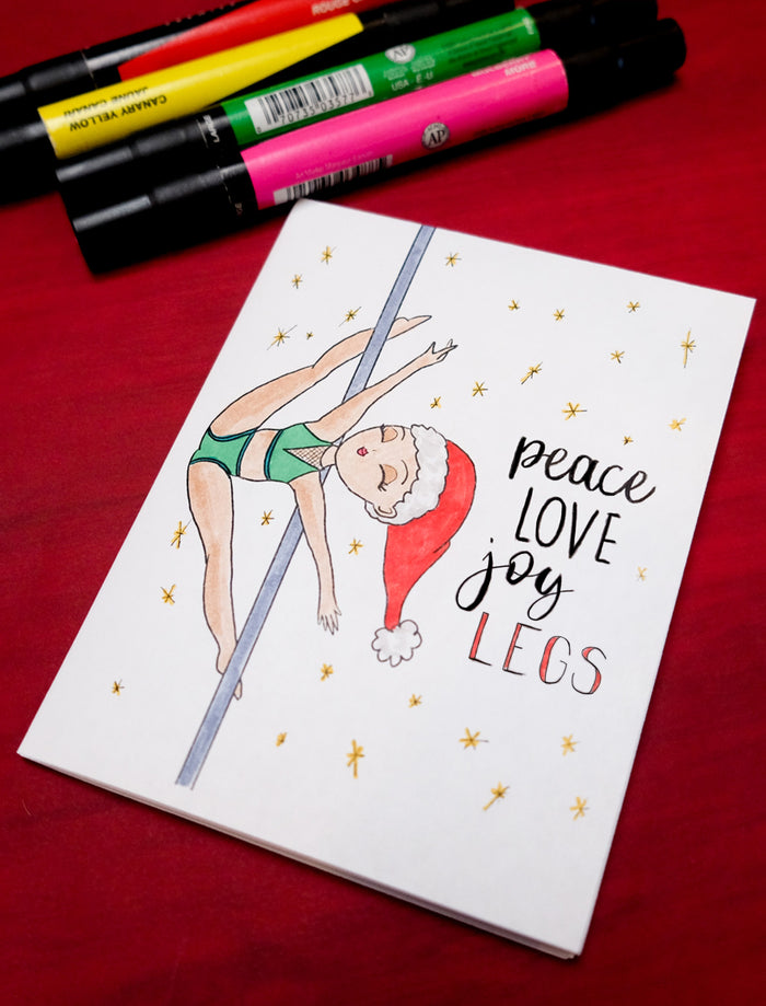 "Peace, Love, Joy, Legs" Spatchcock Pole Dancing Coloring Holiday Christmas Card