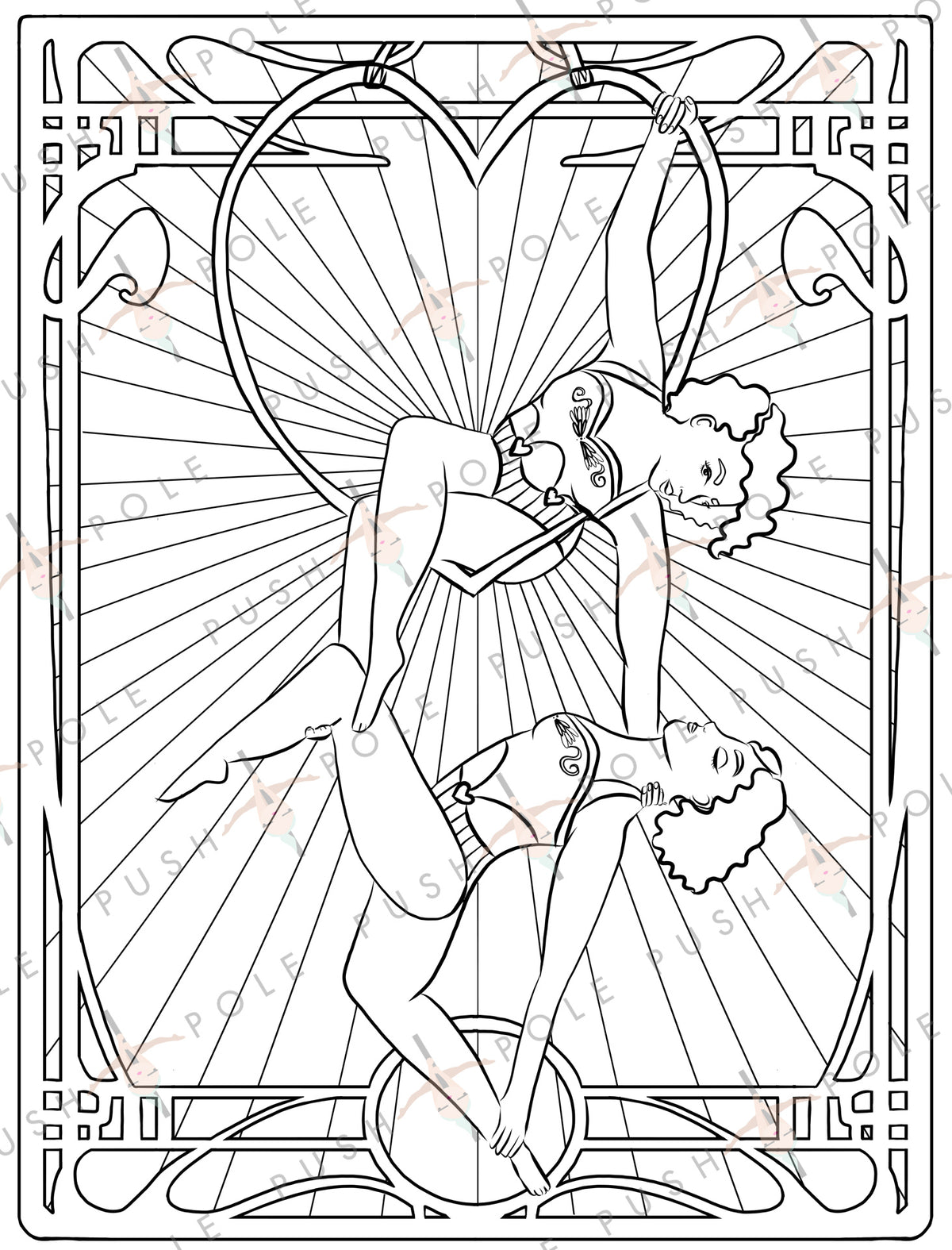 Doubles Hoop Lyra Circus Valentines Aerialist Digital Coloring Page 8.5" x 11"