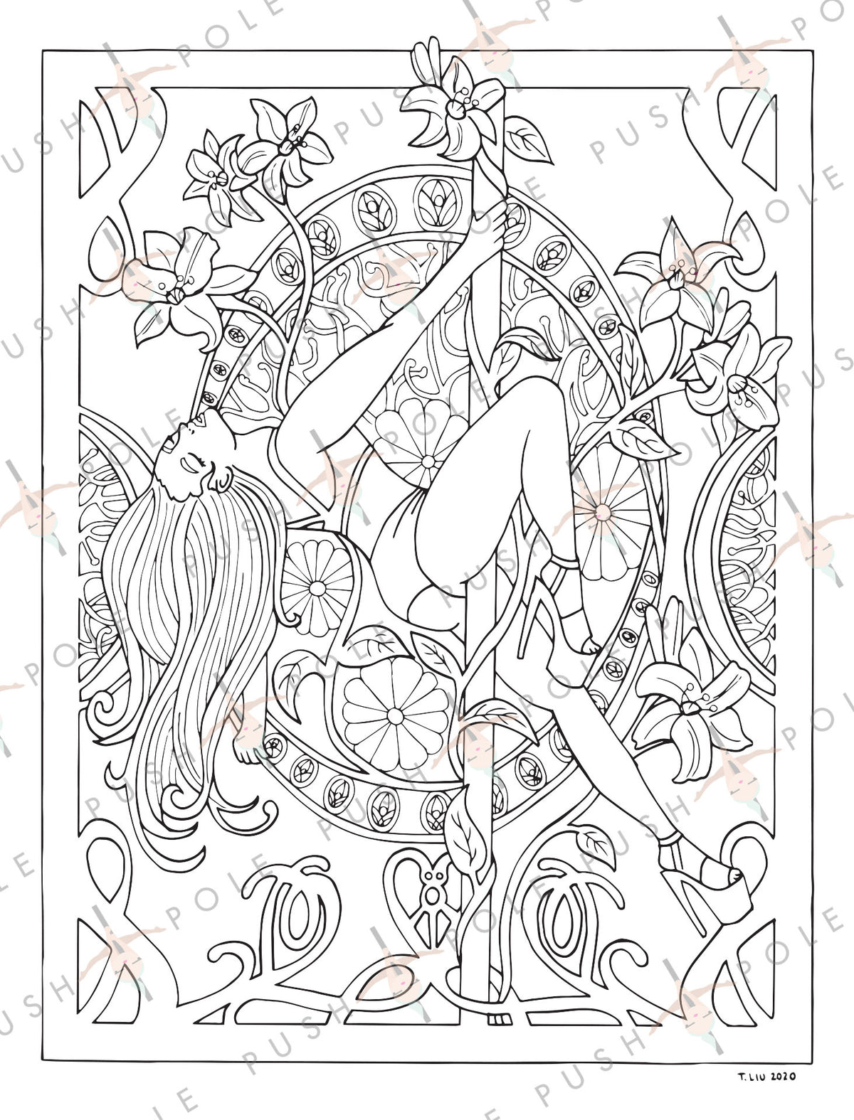 Pole Sit Floral Digital Coloring Page 8.5" x 11"