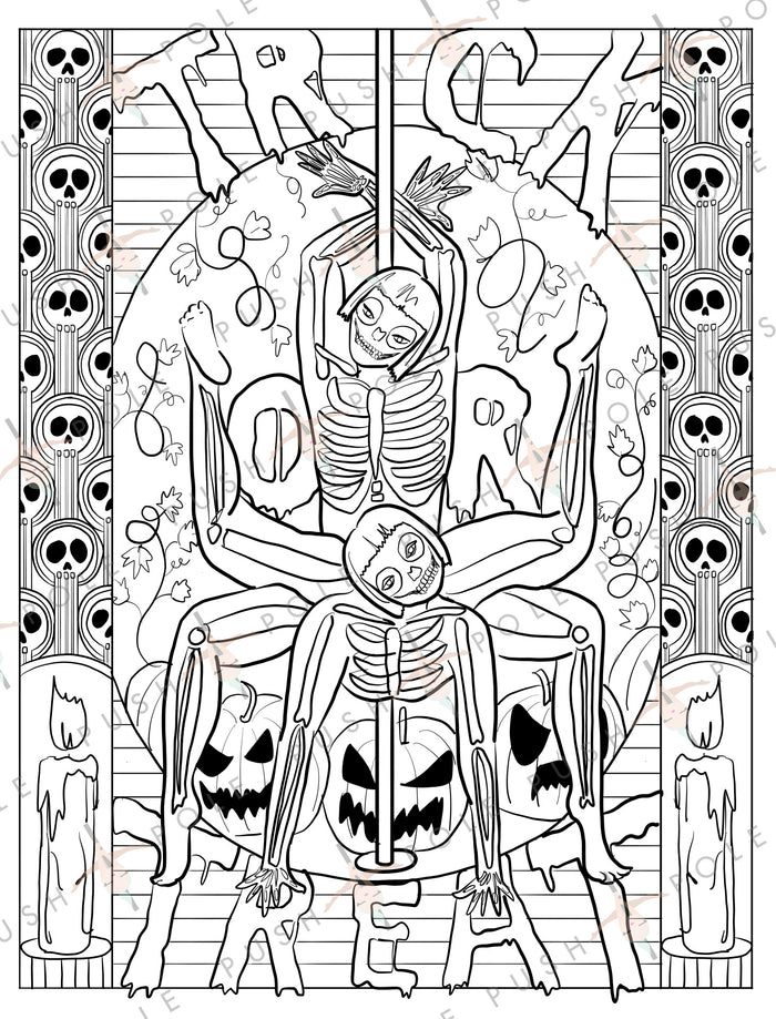 Skeletons Halloween Pole Dancer Digital Coloring Page 8.5" x 11"