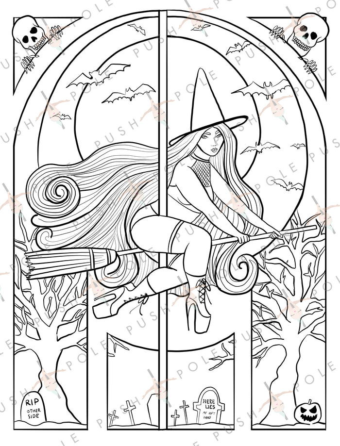 Witch Halloween Pole Dancer Digital Coloring Page 8.5" x 11"