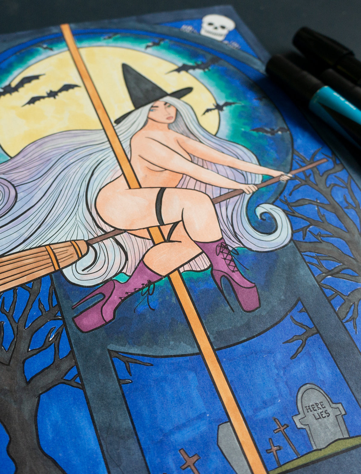 Witch Halloween Pole Dancer Digital Coloring Page 8.5" x 11"