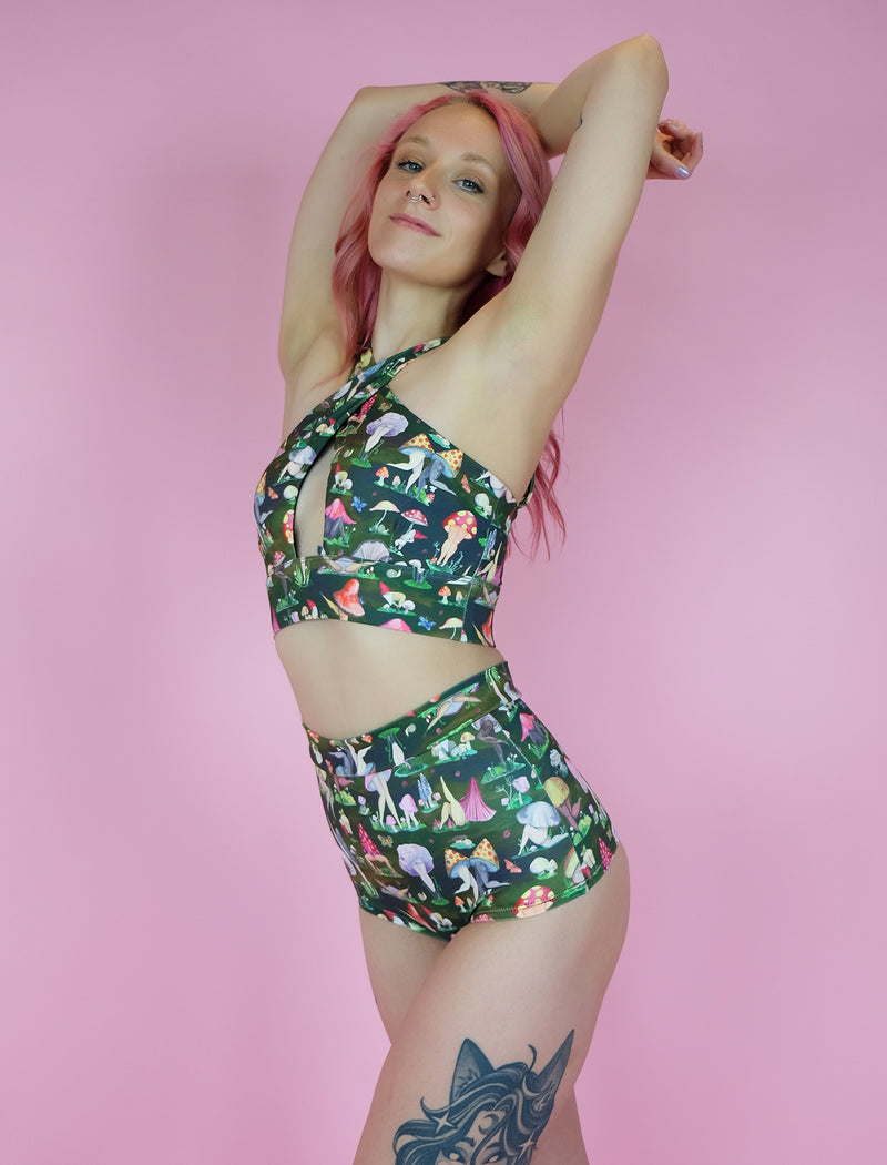 Fruiting Bodies Mushrooms Midi High Waist Cheeky Shorts