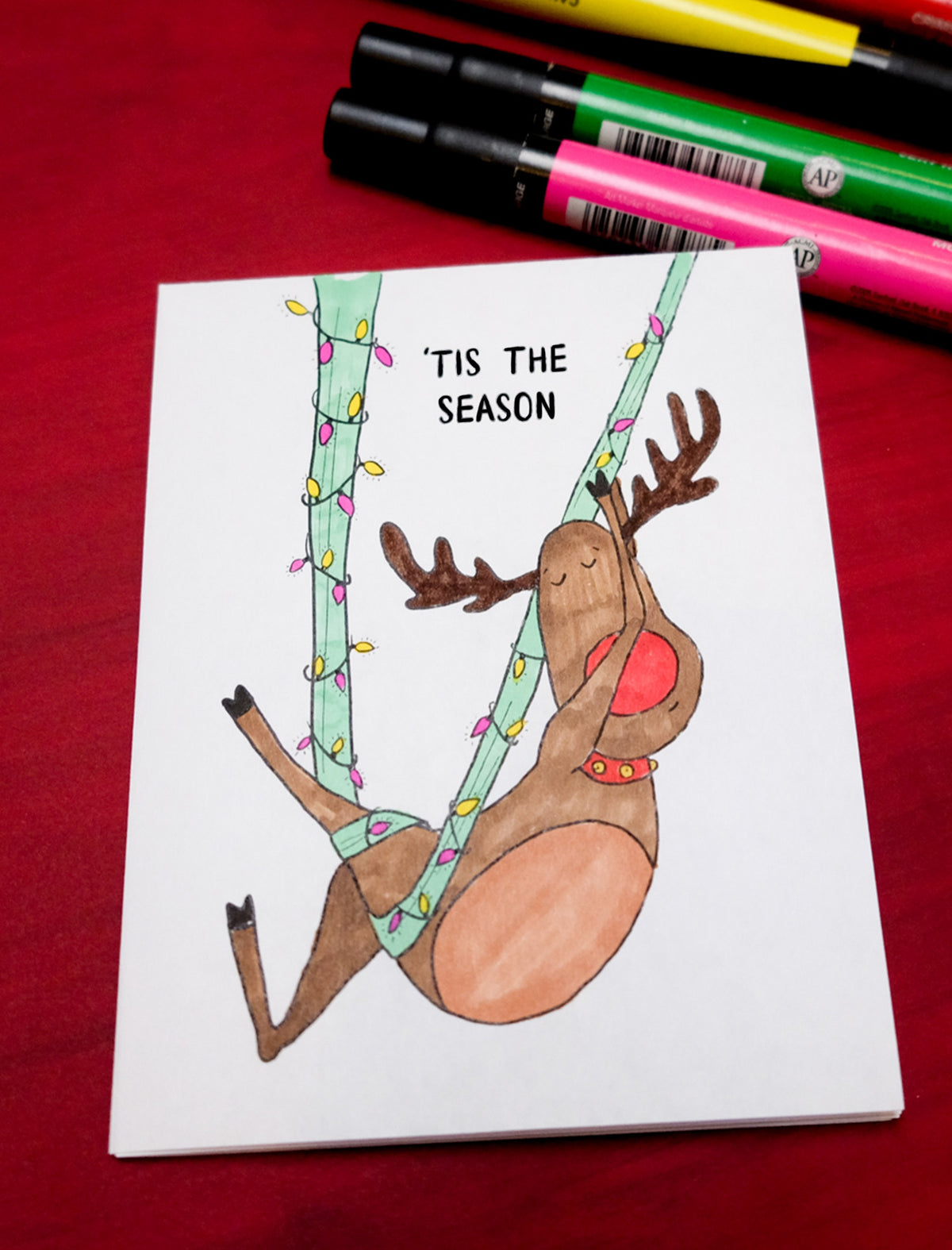 "Tis the Season to Sleigh" Reindeer Aerial Silks Coloring Holiday Christmas Card