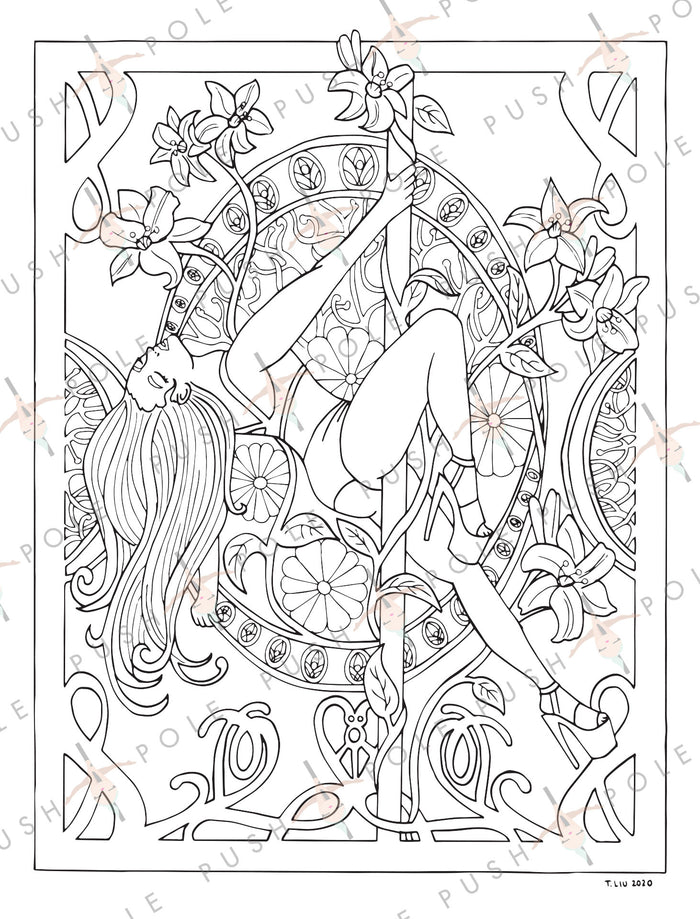 Pole Sit Floral Digital Coloring Page 8.5" x 11"