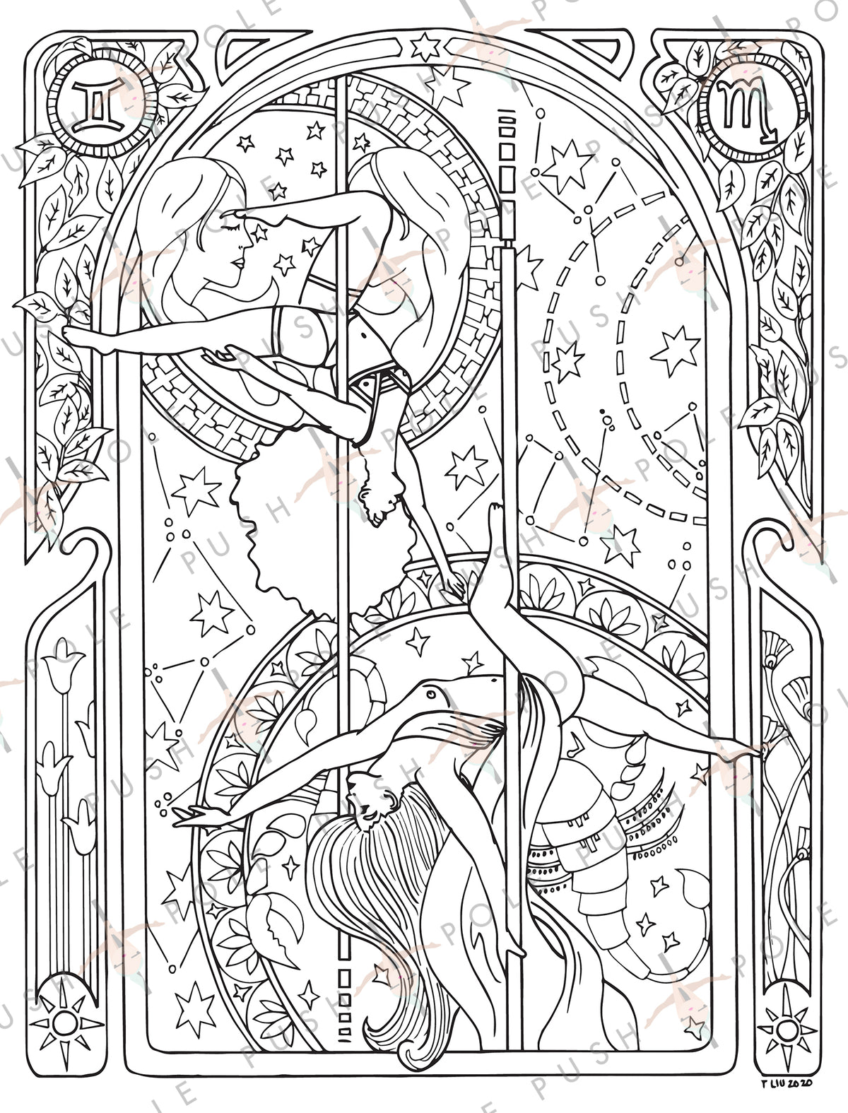 Scorpio & Gemini Pole Dance Digital Coloring Page 8.5" x 11"