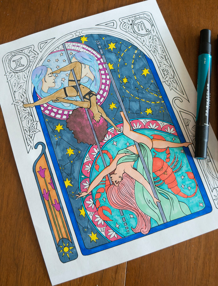 Scorpio & Gemini Pole Dance Digital Coloring Page 8.5" x 11"