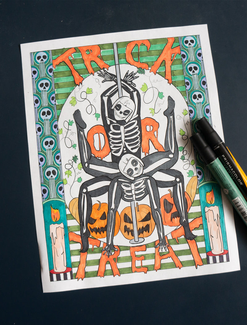 Skeletons Halloween Pole Dancer Digital Coloring Page 8.5" x 11"