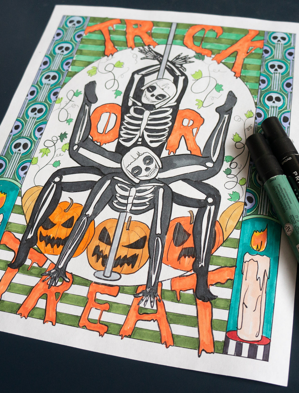 Skeletons Halloween Pole Dancer Digital Coloring Page 8.5" x 11"