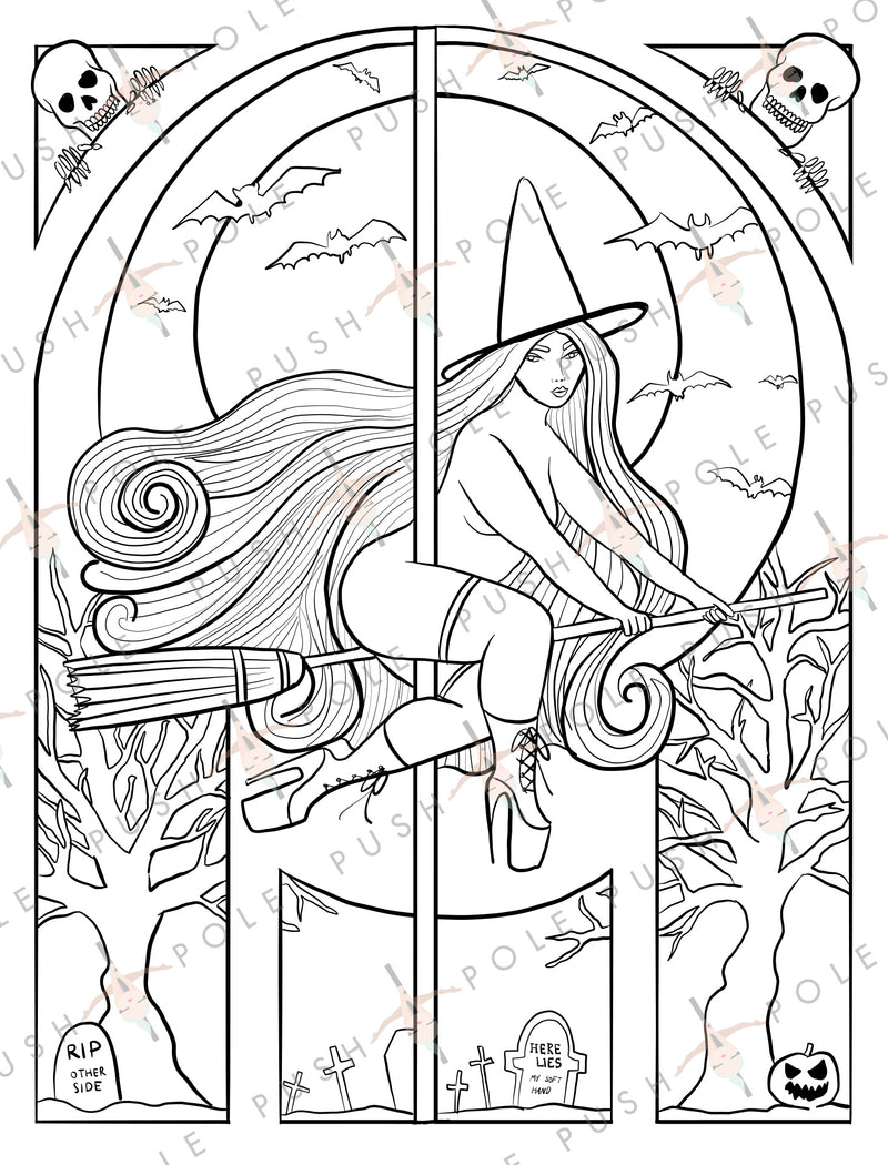 Witch Halloween Pole Dancer Digital Coloring Page 8.5" x 11"