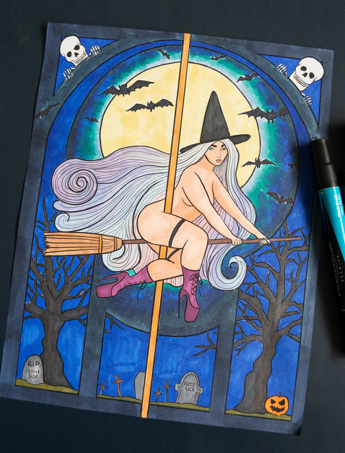 Witch Halloween Pole Dancer Digital Coloring Page 8.5" x 11"